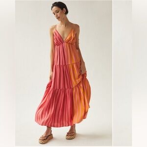 Deep-V Mixed-Stripe Maxi Dress